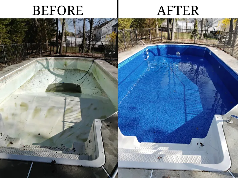 Side-by-side view of a swimming pool before renovation, empty and dirty, and after renovation, clean and filled with clear blue water.