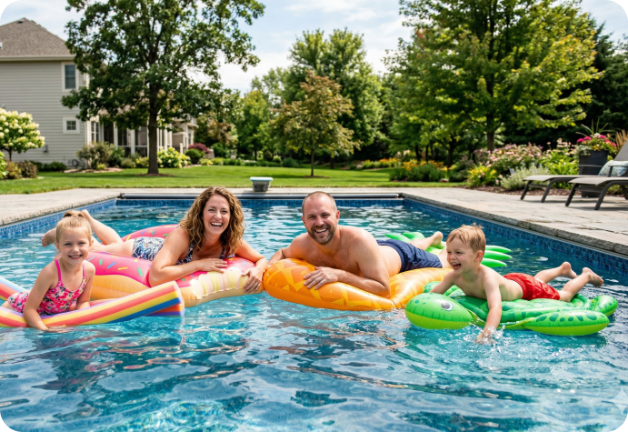 Two adults and two children float on inflatable pool toys in a backyard swimming pool on a sunny day, with trees and a house in the background.